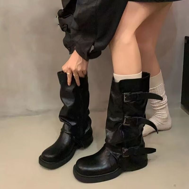 Knee High Boots Women - Damskie, plisowane, luźne botki do połowy